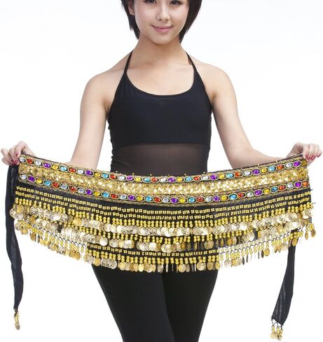 Mutreso Belly Dance Hip Scarf with 248 Gold Coins 150cm Colorful Gem Belt Profession Velvet Performance Skirt Hip Wrap in Kuwait