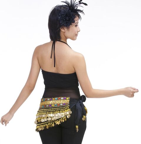 Mutreso Belly Dance Hip Scarf with 248 Gold Coins 150cm Colorful Gem Belt Profession Velvet Performance Skirt Hip Wrap in Kuwait