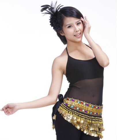 Mutreso Belly Dance Hip Scarf with 248 Gold Coins 150cm Colorful Gem Belt Profession Velvet Performance Skirt Hip Wrap in Kuwait