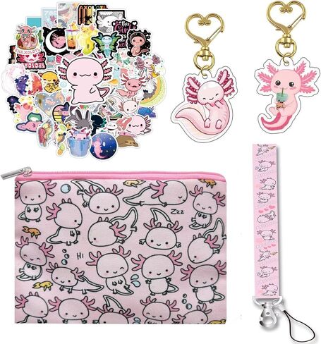 مجموعة هدايا ctrow kawaii axolotl، حقيبة مكياج axolotl للفتيات، حبل سلاسل المفاتيح axolotl، ملصقات axolotl اللطيفة ومحفظة المحفظة in Kuwait