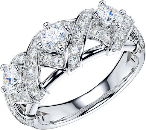 THELANDA Genuine Moissanite or Simulated Diamond Sterling Silver 3-Stone Vintage Luxury Crossover Crown Promise Ring Wedding Ring in Saudi Arabia