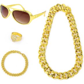 Yolev 80s 90s Costumes Outfits, Dollar Sign Necklace90s Outfit for Men Fake Gold Chain 80s Accessories for Women Men Party Accessories Hippie Costume Set Funky Afro Wig Sunglasses in Saudi Arabia