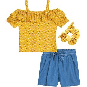 طقم شورت للفتيات من Instagirl - قطعتين من بلوزة قصيرة الأكمام وشورت منسوج - مجموعة ملابس للبنات - إكسسوار للشعر (7-12) in Kuwait