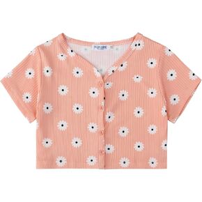 Geru Girls Summer Short Sleeve T-Shirt Floral Print Button Down Crop Top Tees Blouse for 3-12Y in Kuwait