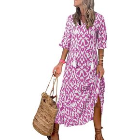 Dokotoo Women Boho Summer Dress 2024 Frill Short Sleeve Tassel V Neck Ruffle Flowy A-Line Maxi Dresses