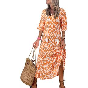 Dokotoo Women Boho Summer Dress 2024 Frill Short Sleeve Tassel V Neck Ruffle Flowy A-Line Maxi Dresses in Kuwait