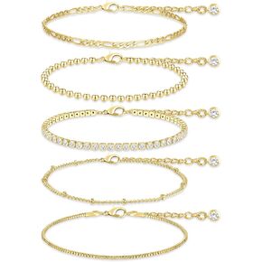 Gold Ankle Bracelets for Women, 14K Gold Cuban Link Evil Eye Anklets Set for Teen Girls Adjustable Layered Waterproof Summer Beach Anklets Foot Jewelry for Gift