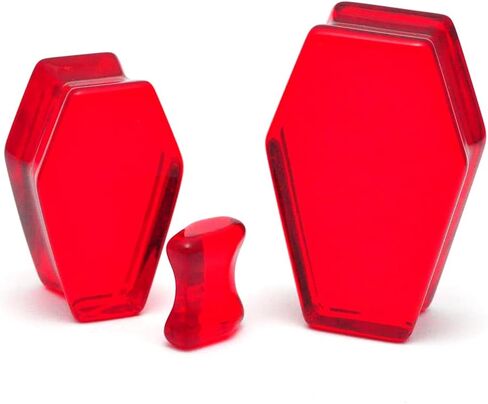 Pair of Ruby Red Glass Coffin Shaped Double Flare Plugs (PG-567) in Saudi Arabia
