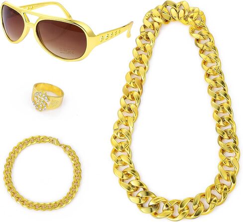 Yolev 80s 90s Costumes Outfits, Dollar Sign Necklace 90s Outfit for Men Fake Gold Chain 80s Accessories for Women Men Party Accessories Hippie Costume Set Funky Afro Wig Sunglasses in Saudi Arabia