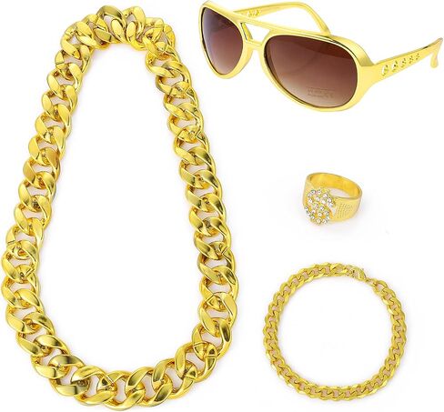 Yolev 80s 90s Costumes Outfits, Dollar Sign Necklace 90s Outfit for Men Fake Gold Chain 80s Accessories for Women Men Party Accessories Hippie Costume Set Funky Afro Wig Sunglasses in Saudi Arabia