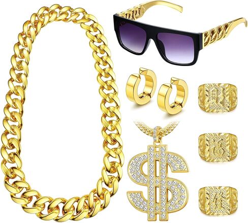 Jstyle Hip Hop Costume Kit Rapper Sunglasses Gold Dollar Sign Pendant Necklaces Gold Ring 80s/90s Rapper Accessories in Saudi Arabia