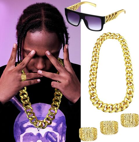 Jstyle Hip Hop Costume Kit Rapper Sunglasses Gold Dollar Sign Pendant Necklaces Gold Ring 80s/90s Rapper Accessories in Saudi Arabia