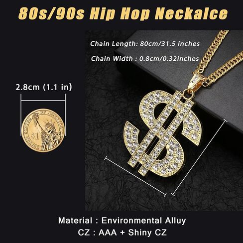 Jstyle Hip Hop Costume Kit Rapper Sunglasses Gold Dollar Sign Pendant Necklaces Gold Ring 80s/90s Rapper Accessories in Saudi Arabia