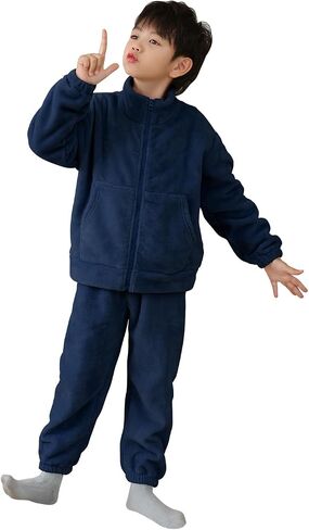 kiddook Boys' Girls' Flannel Clothes Set, Zipper Top and Pants Winter Warm Soft Fuzzy Homewear in Saudi Arabia
