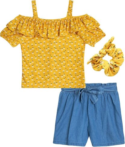 طقم شورت للفتيات من Instagirl - قطعتين من بلوزة قصيرة الأكمام وشورت منسوج - مجموعة ملابس للبنات - إكسسوار للشعر (7-12) in Kuwait