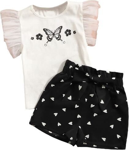 OYOANGLE Girl's 2 Piece Outfits Graphic Mesh Cap Butterfly Sleeve Ruffle Trim Tee Shirt and Bow Paperbag Shorts Set in Saudi Arabia