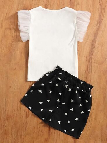 OYOANGLE Girl's 2 Piece Outfits Graphic Mesh Cap Butterfly Sleeve Ruffle Trim Tee Shirt and Bow Paperbag Shorts Set in Saudi Arabia