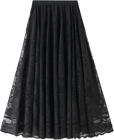 Oaovo Women's Casual A-Line Elastic Waist Bow Tie Lace Embroidered Skirts Multi-Layer Mesh Tulle Skirt in Kuwait