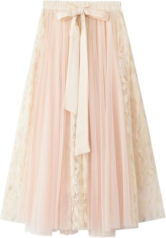 Oaovo Women's Casual A-Line Elastic Waist Bow Tie Lace Embroidered Skirts Multi-Layer Mesh Tulle Skirt in Kuwait