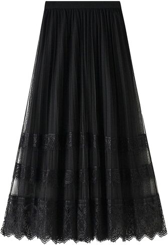 Oaovo Women's Casual A-Line Elastic Waist Bow Tie Lace Embroidered Skirts Multi-Layer Mesh Tulle Skirt in Kuwait