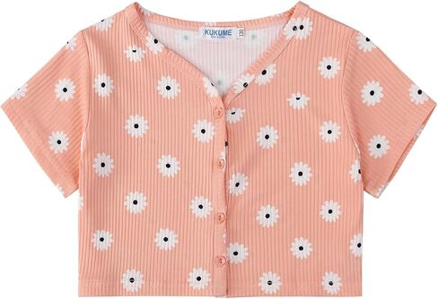 Geru Girls Summer Short Sleeve T-Shirt Floral Print Button Down Crop Top Tees Blouse for 3-12Y in Kuwait