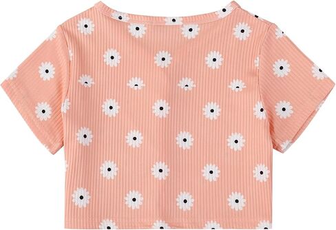 Geru Girls Summer Short Sleeve T-Shirt Floral Print Button Down Crop Top Tees Blouse for 3-12Y in Kuwait