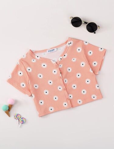 Geru Girls Summer Short Sleeve T-Shirt Floral Print Button Down Crop Top Tees Blouse for 3-12Y in Kuwait