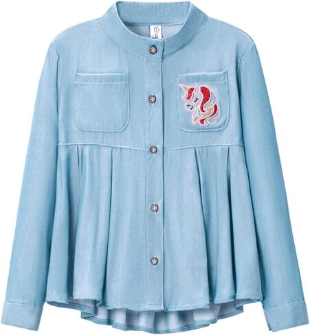 قمصان يونيكورن للفتيات بتصميم حاشية مطوية، قماش دينم مقلد، قمصان مريحة للأطفال الصغار والأطفال in Kuwait