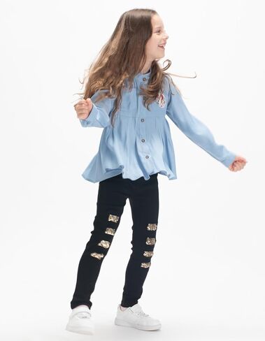 قمصان يونيكورن للفتيات بتصميم حاشية مطوية، قماش دينم مقلد، قمصان مريحة للأطفال الصغار والأطفال in Kuwait