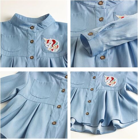 قمصان يونيكورن للفتيات بتصميم حاشية مطوية، قماش دينم مقلد، قمصان مريحة للأطفال الصغار والأطفال in Kuwait