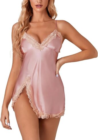 Rooscier Women's Lace Satin Slip Split Spaghetti Strap Nightwear Sexy Party Mini Dress in Kuwait