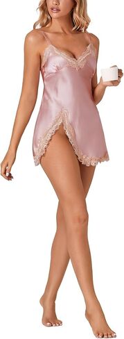 Rooscier Women's Lace Satin Slip Split Spaghetti Strap Nightwear Sexy Party Mini Dress in Kuwait