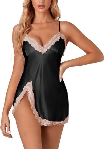 Rooscier Women's Lace Satin Slip Split Spaghetti Strap Nightwear Sexy Party Mini Dress in Kuwait