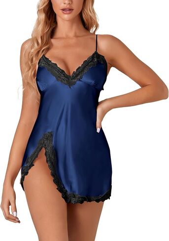 Rooscier Women's Lace Satin Slip Split Spaghetti Strap Nightwear Sexy Party Mini Dress in Kuwait