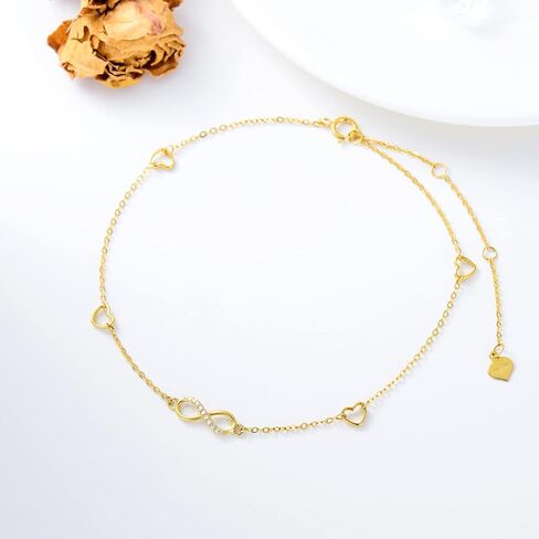 14K Solid Gold Infinty Anklets for Women, Real Gold Infinity Heart Link Chain Foot Ankle Bracelet Jewelry Anniversary Birthday Gift for Her, 8"-10" Adjustable Gold Chain in Saudi Arabia