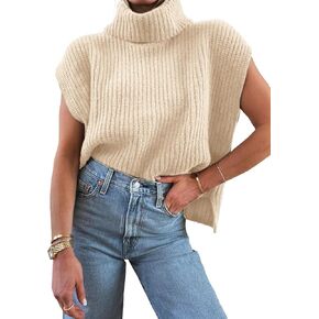 UANEO Women Sweater Vest Oversized Cap Sleeve Turtleneck Sleeveless Knit Sweater Top