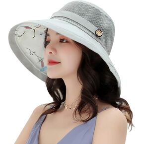 قبعات صيفية شبكية للشمس للنساء قبعة شاطئ خفيفة الوزن مزودة بزهور UPF50+ قبعة بحافة واسعة قابلة للتعبئة مع حزام للذقن in Kuwait