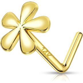 MeIighting Solid Gold Flower Nose Stud 20G Gold Nose Ring L Shaped 14K Solid Gold Nose Piercing Jewelry for Women Real Gold Nose Screw for Women