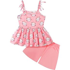 NUBEEHOHO Toddler Girls Summer Clothes Outfits Bow Shoulder Sleeveless Sunflower Shirt Tops and Shorts 2 Piece Sets in Kuwait