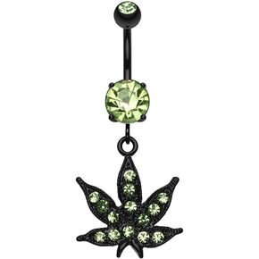 Covet Jewelry Black Indica Marijuana Cannabis Pot Leaf Sparkle Belly Button Ring