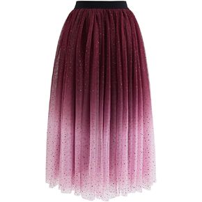 CHICWISH Women's Purple/Burgundy/Pink Festive Sparkle Ombre Tulle Midi Skirt in Kuwait
