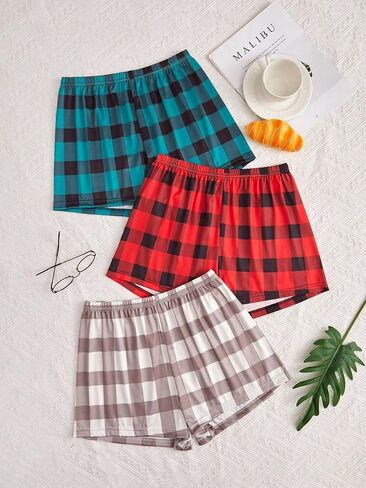 GORGLITTER Women's 3 Piece Plaid Pajama Bottoms Elastic Waist Sleeping Shorts in Kuwait