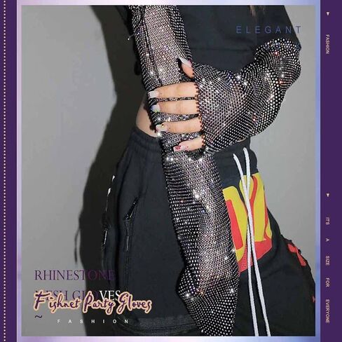 GEMILY Rhinestone Gloves Sparkly Mesh Gloves Fashion Fingerless Gloves Rave Party Arm Sleeves Costumes for Women and Girls in Saudi Arabia
