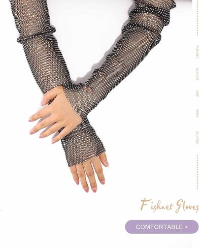 GEMILY Rhinestone Gloves Sparkly Mesh Gloves Fashion Fingerless Gloves Rave Party Arm Sleeves Costumes for Women and Girls in Saudi Arabia
