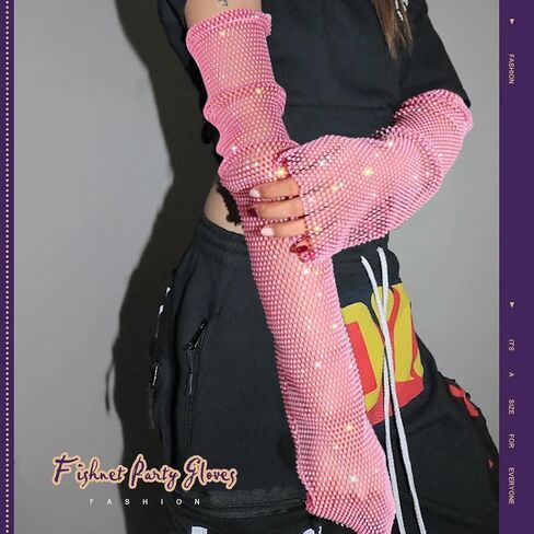 GEMILY Rhinestone Gloves Sparkly Mesh Gloves Fashion Fingerless Gloves Rave Party Arm Sleeves Costumes for Women and Girls in Saudi Arabia