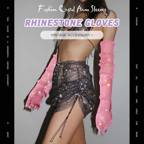 GEMILY Rhinestone Gloves Sparkly Mesh Gloves Fashion Fingerless Gloves Rave Party Arm Sleeves Costumes for Women and Girls in Saudi Arabia