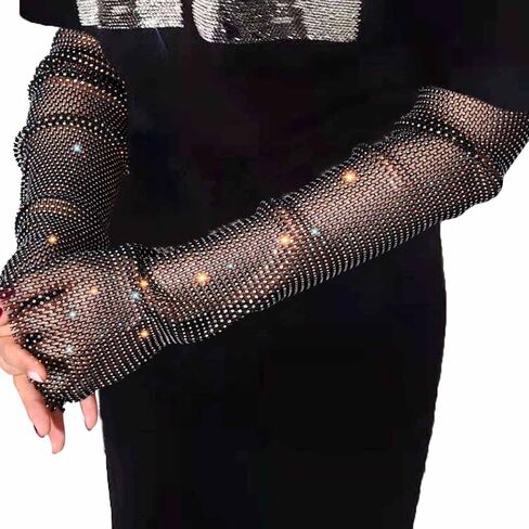 GEMILY Rhinestone Gloves Sparkly Mesh Gloves Fashion Fingerless Gloves Rave Party Arm Sleeves Costumes for Women and Girls in Saudi Arabia