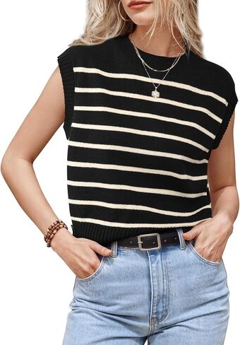 Arach&Cloz Womens Spring Summer 2024 Sweater Vest Cap Sleeve Crew Neck Striped Fashion Casual Sleeveless Cropped Tops Clothes in Saudi Arabia
