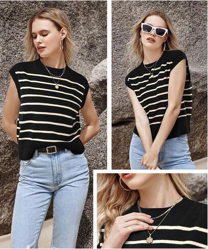 Arach&Cloz Womens Spring Summer 2024 Sweater Vest Cap Sleeve Crew Neck Striped Fashion Casual Sleeveless Cropped Tops Clothes in Saudi Arabia