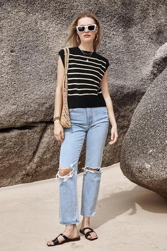 Arach&Cloz Womens Spring Summer 2024 Sweater Vest Cap Sleeve Crew Neck Striped Fashion Casual Sleeveless Cropped Tops Clothes in Saudi Arabia